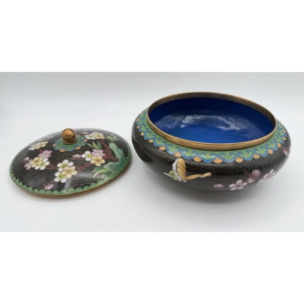 Chinese Cloisonné Lidded Bowl Hand Painted Enamel Flowers & Butterflies Vintage